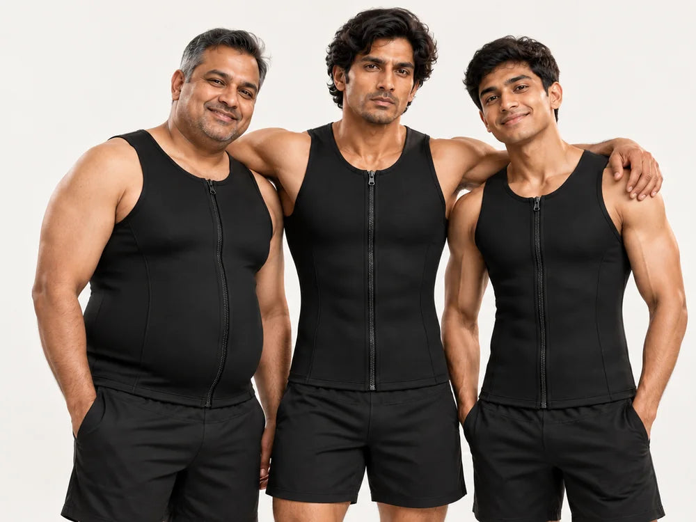 Three men wearing the Flizo tank